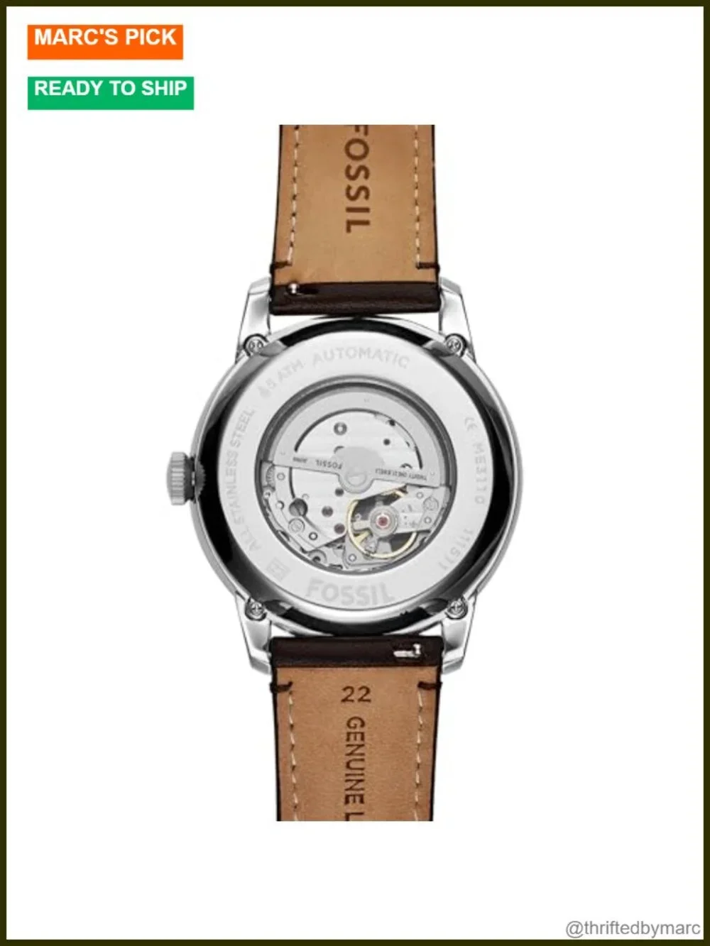 44mm Automatic Stainless Steel Watch with Brown Leather Band